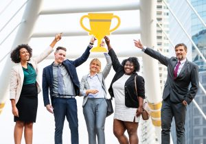 competitive resume your key to success five workers with a trophy on top