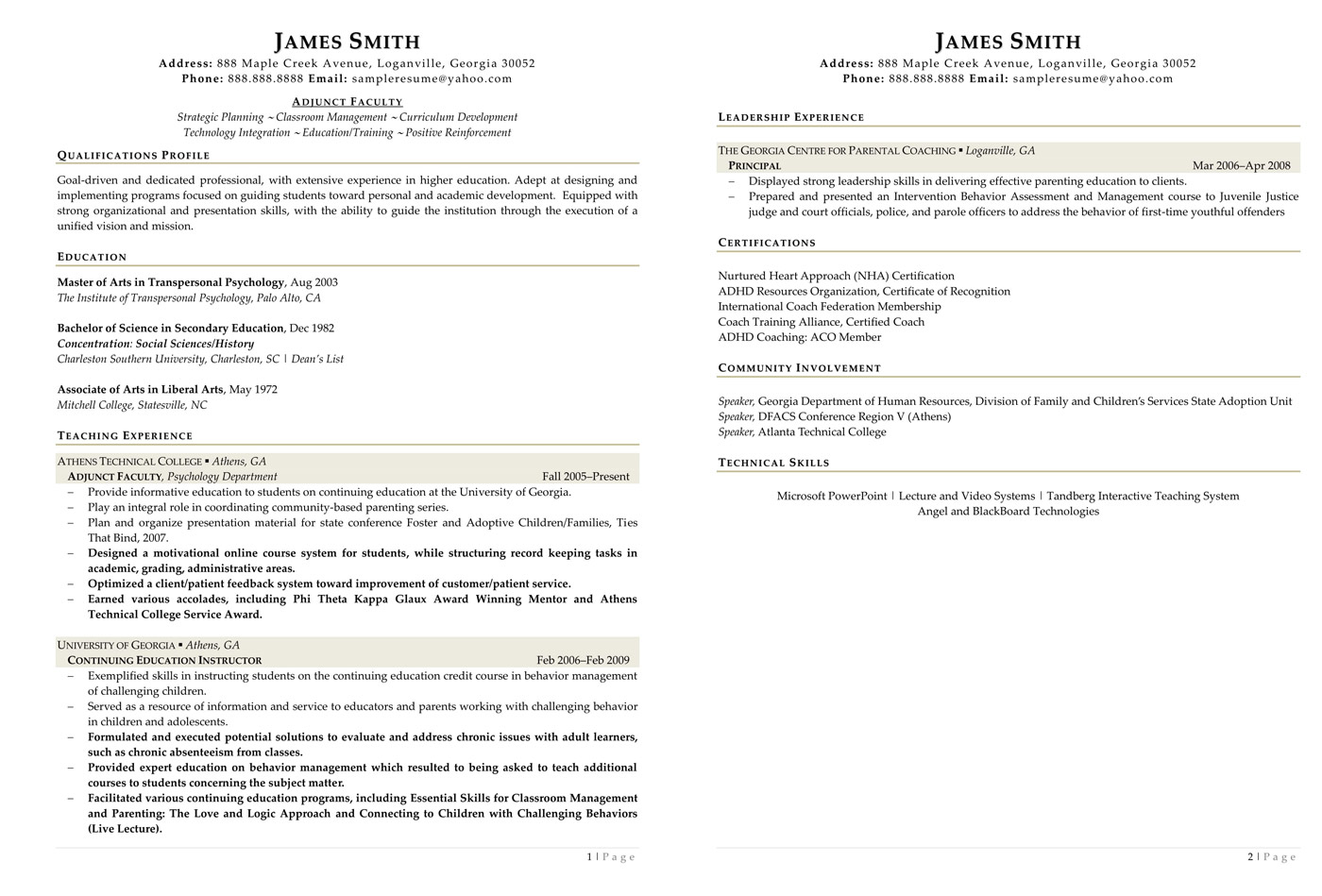 resume for adjunct professor