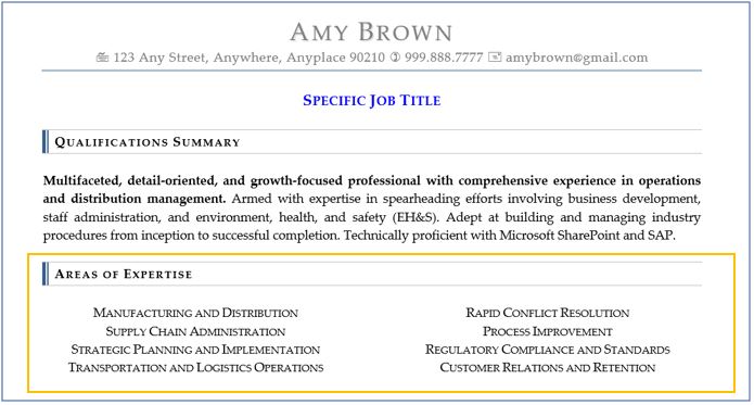 Resume Sections - Areas of Expertise is right below the Summary