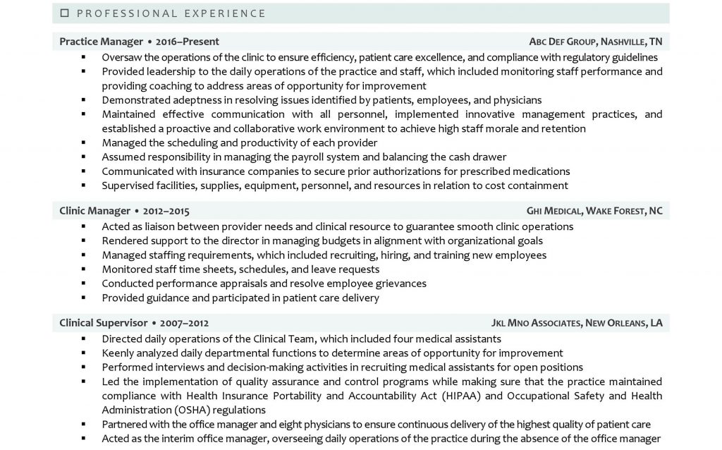 Professional experience section