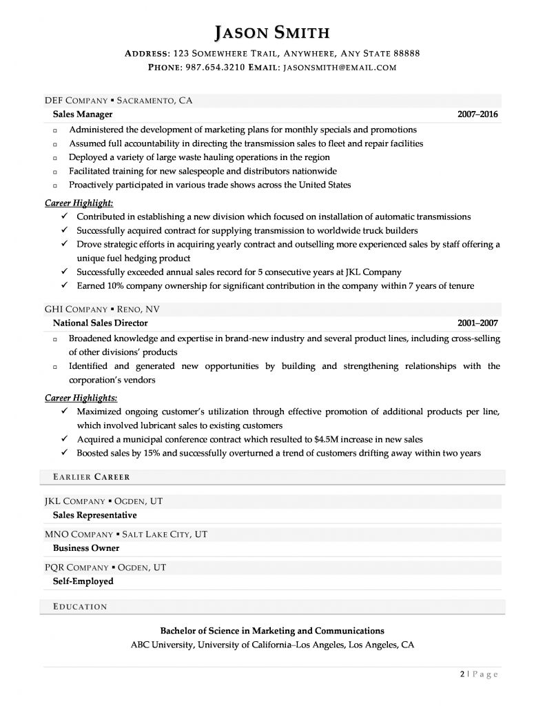 second page of a sample executive resume