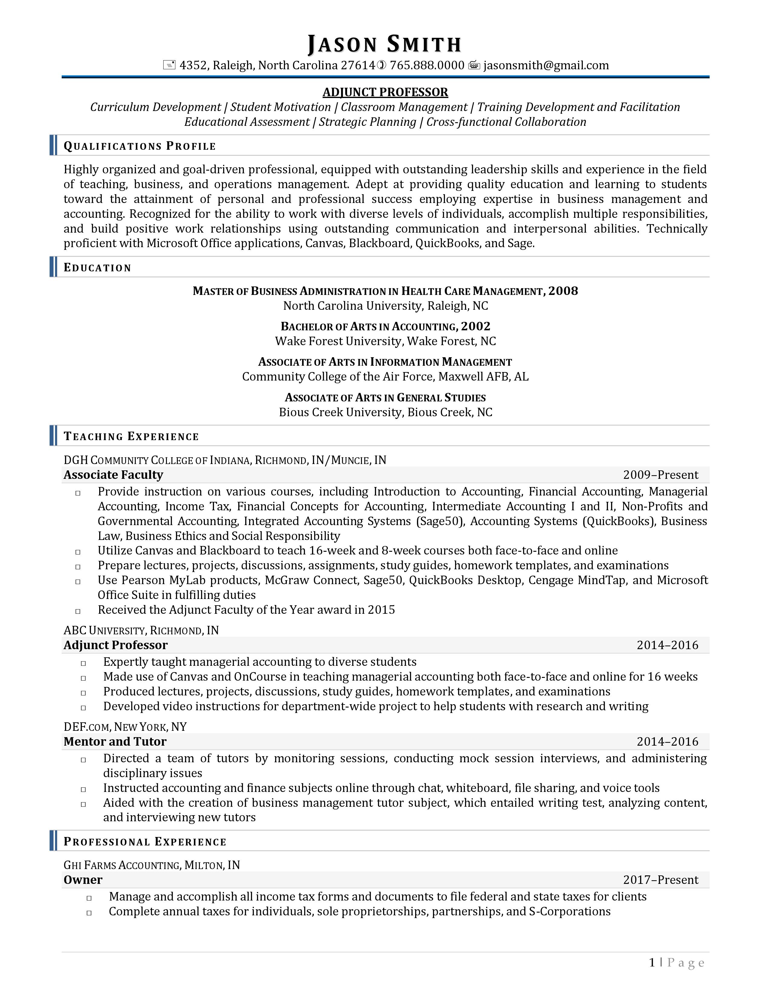 Sample long resume - page 1