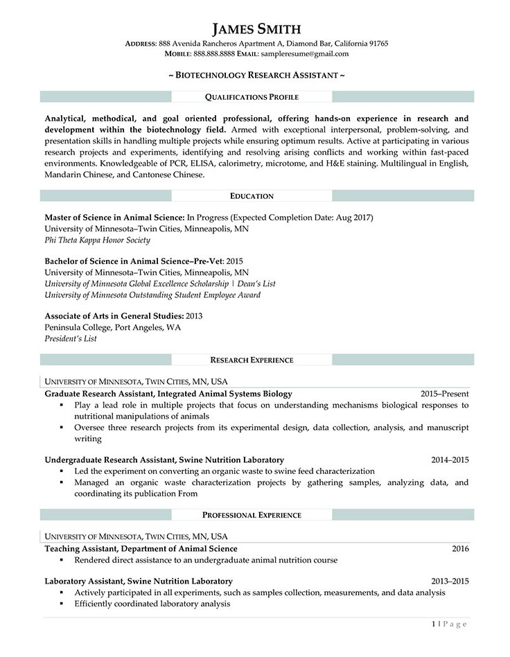 Medical resume sample for research assistant page 1