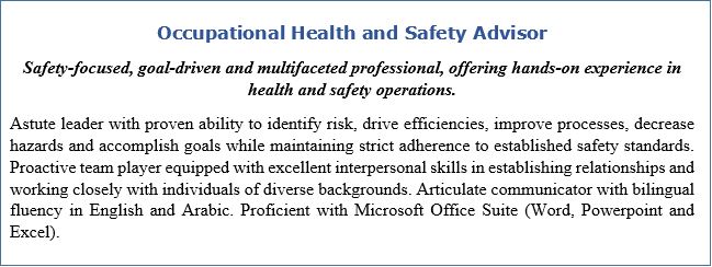 Resume Headline and Resume Profile for Occupational Health and Safety Advisor