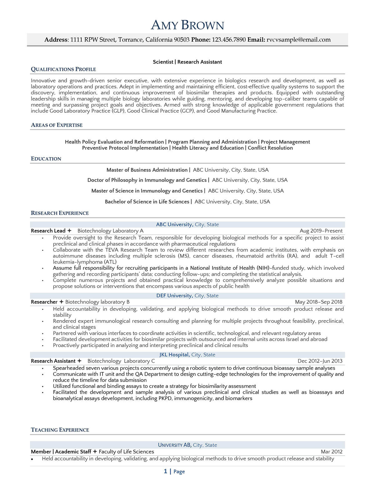 Resume Valley CV example page one